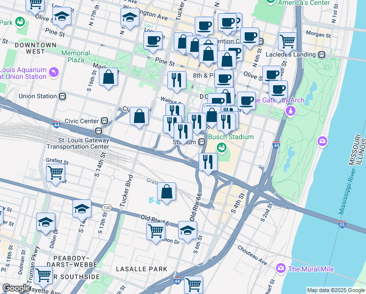 map of restaurants, bars, coffee shops, grocery stores, and more near 900 Spruce Street in Saint Louis