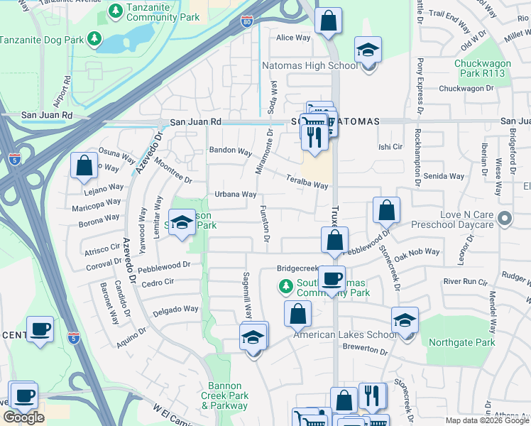 map of restaurants, bars, coffee shops, grocery stores, and more near 3080 Funston Drive in Sacramento