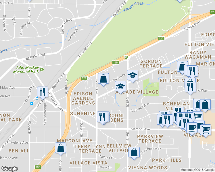 map of restaurants, bars, coffee shops, grocery stores, and more near 2204 Dunlap Drive in Sacramento