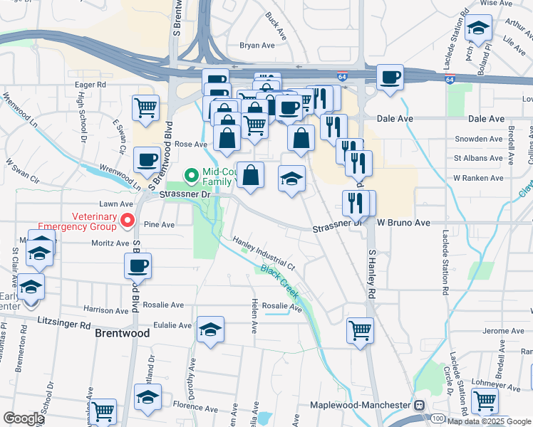 map of restaurants, bars, coffee shops, grocery stores, and more near 1423 Strassner Drive in Brentwood