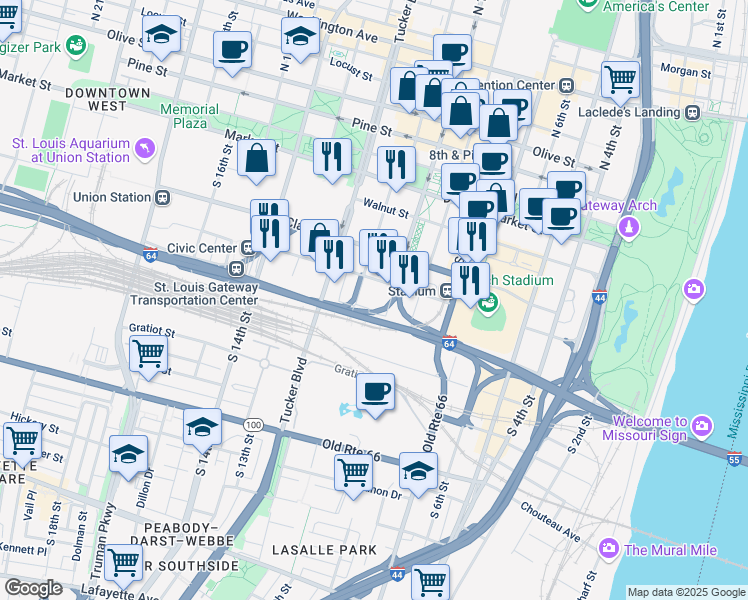 map of restaurants, bars, coffee shops, grocery stores, and more near 900 Spruce Street in Saint Louis