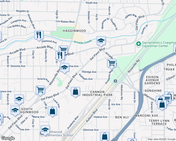map of restaurants, bars, coffee shops, grocery stores, and more near 1617 Eldridge Avenue in Sacramento