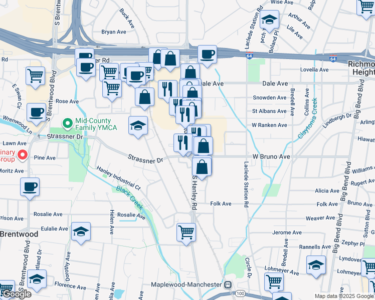 map of restaurants, bars, coffee shops, grocery stores, and more near 1750 South Hanley Road in Brentwood