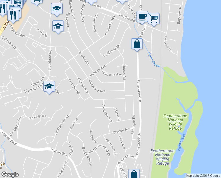 map of restaurants, bars, coffee shops, grocery stores, and more near 1414 Maryland Avenue in Woodbridge