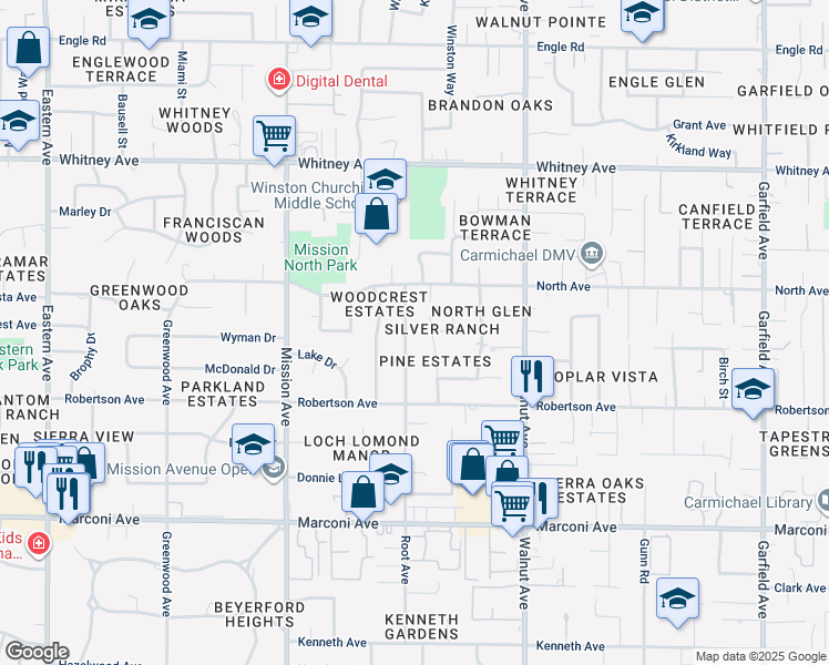 map of restaurants, bars, coffee shops, grocery stores, and more near 3219 Kaiser Court in Carmichael