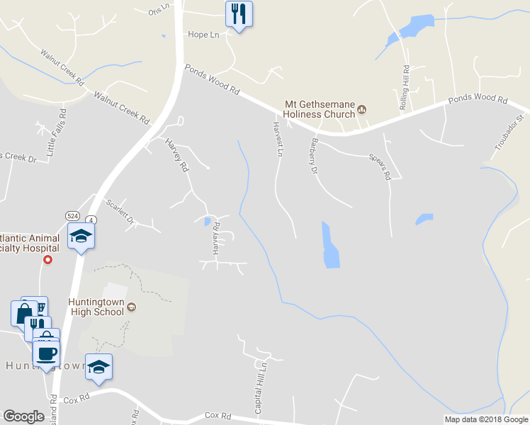 map of restaurants, bars, coffee shops, grocery stores, and more near 4405 Harvest Lane in Huntingtown