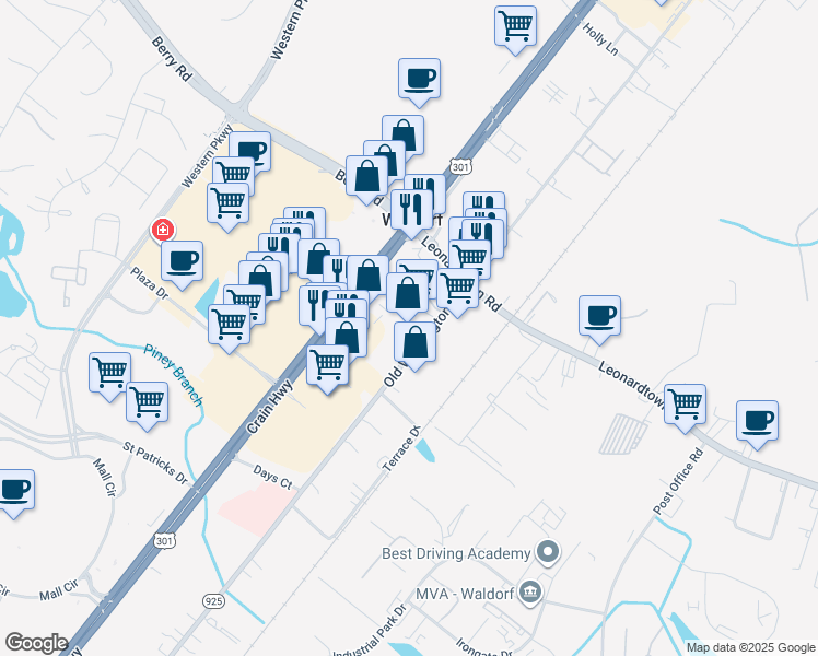 map of restaurants, bars, coffee shops, grocery stores, and more near 3235 Maryland 925 in Waldorf