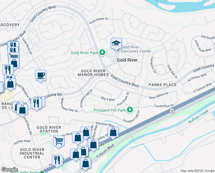 map of restaurants, bars, coffee shops, grocery stores, and more near 11588 Prospect Hill Drive in Gold River