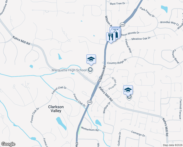 map of restaurants, bars, coffee shops, grocery stores, and more near 2351 Clarkson Road in Chesterfield