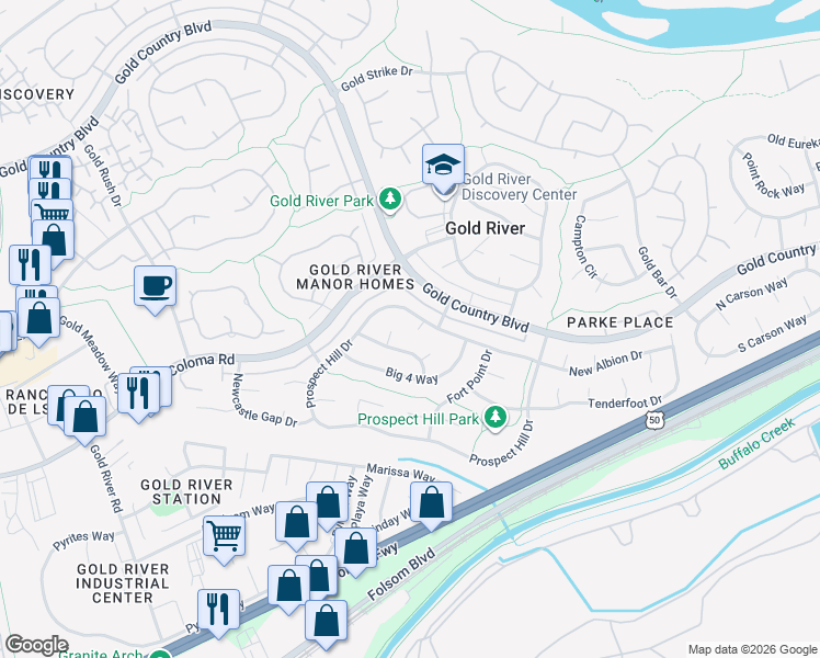 map of restaurants, bars, coffee shops, grocery stores, and more near 11588 Prospect Hill Drive in Gold River