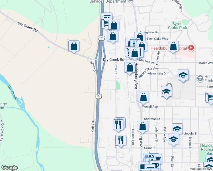 map of restaurants, bars, coffee shops, grocery stores, and more near 15119 Grove Street in Healdsburg