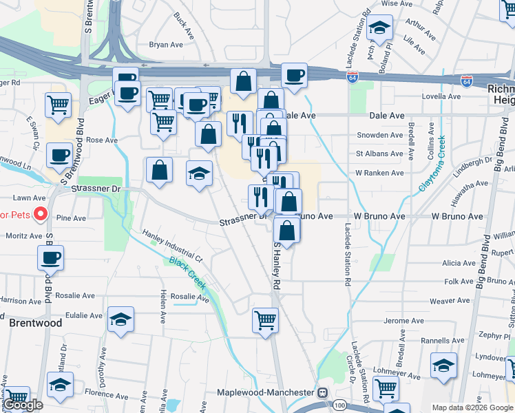 map of restaurants, bars, coffee shops, grocery stores, and more near 1241 Strassner Drive in Brentwood
