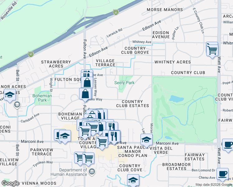 map of restaurants, bars, coffee shops, grocery stores, and more near 2796 Rubicon Way in Sacramento