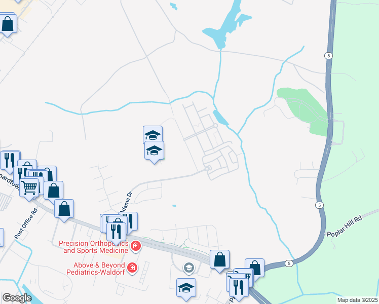 map of restaurants, bars, coffee shops, grocery stores, and more near 12350 Vivian Adams Drive in Waldorf