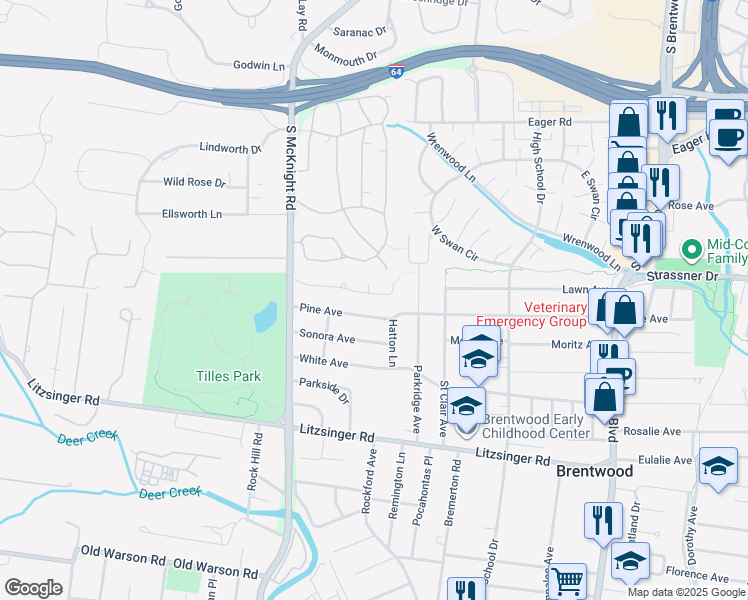 map of restaurants, bars, coffee shops, grocery stores, and more near 85 Whitehall Court in Brentwood
