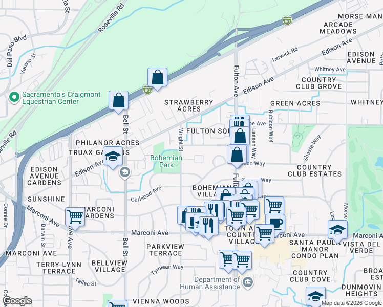 map of restaurants, bars, coffee shops, grocery stores, and more near 2410 Michelle Drive in Sacramento