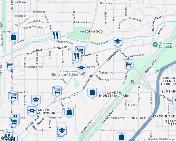 map of restaurants, bars, coffee shops, grocery stores, and more near 1532 Sonoma Avenue in Sacramento