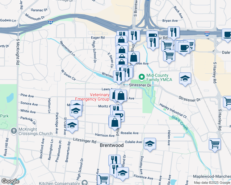 map of restaurants, bars, coffee shops, grocery stores, and more near 8824 Lawn Avenue in Brentwood