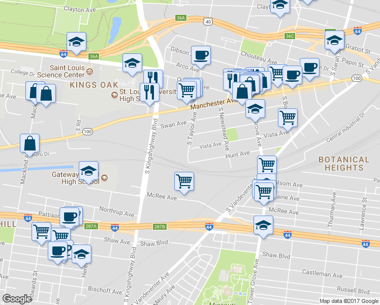 map of restaurants, bars, coffee shops, grocery stores, and more near 4490 Vista Avenue in St. Louis