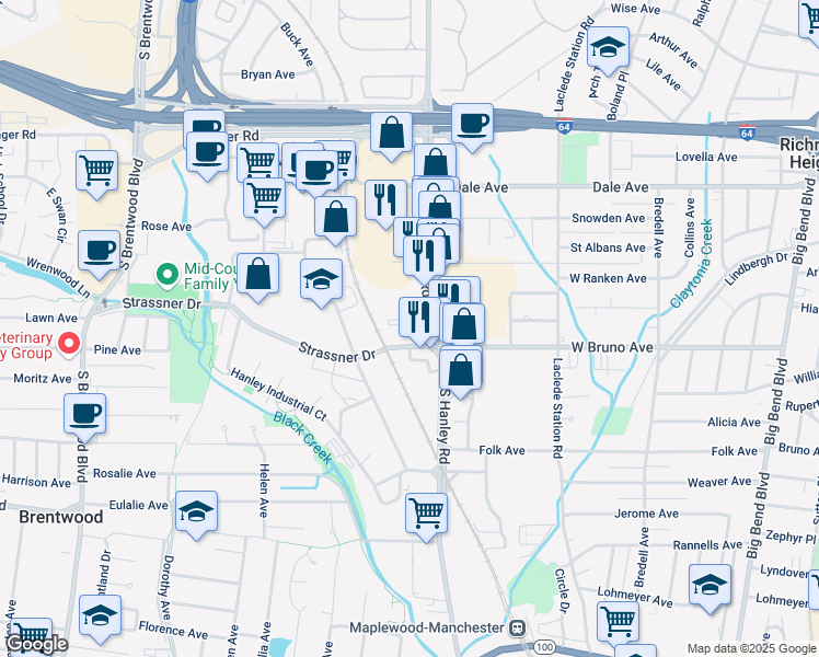 map of restaurants, bars, coffee shops, grocery stores, and more near 1241 Strassner Drive in Brentwood