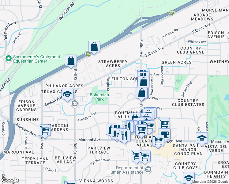 map of restaurants, bars, coffee shops, grocery stores, and more near 2410 Michelle Drive in Sacramento