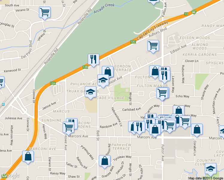 map of restaurants, bars, coffee shops, grocery stores, and more near 2350 Church Avenue in Sacramento
