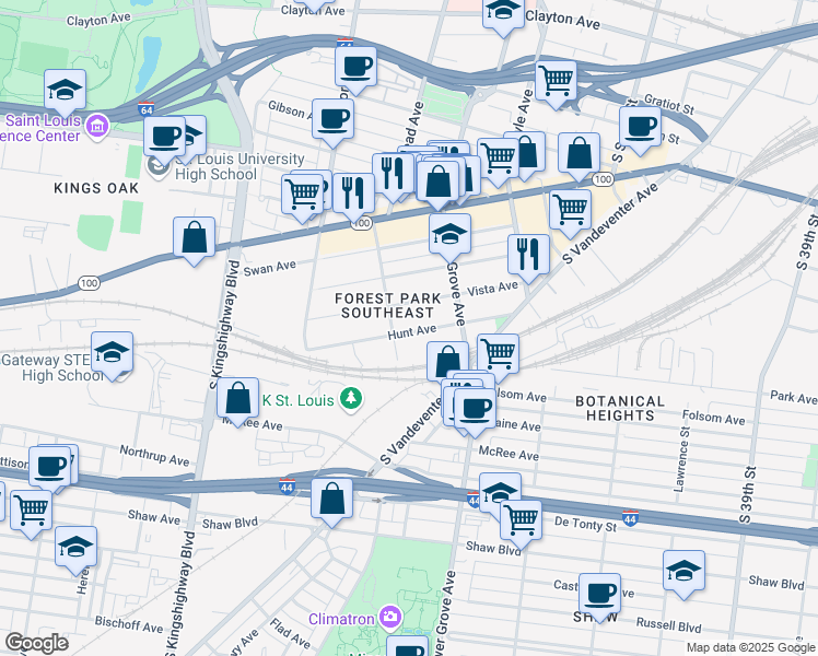 map of restaurants, bars, coffee shops, grocery stores, and more near 4349 Hunt Avenue in St. Louis