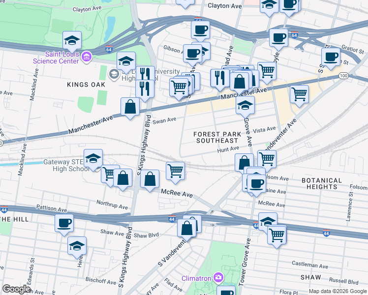 map of restaurants, bars, coffee shops, grocery stores, and more near 4490 Vista Avenue in St. Louis