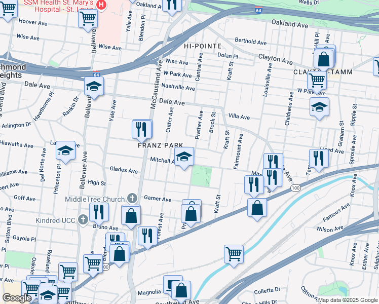 map of restaurants, bars, coffee shops, grocery stores, and more near 6818 Plateau Avenue in St. Louis