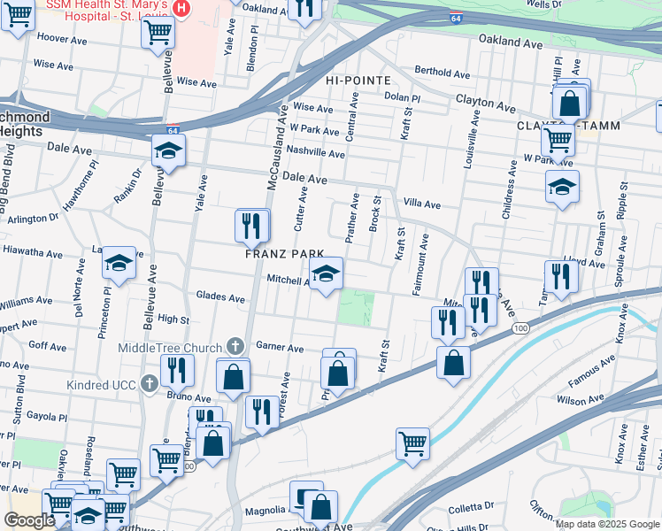 map of restaurants, bars, coffee shops, grocery stores, and more near 6818 Plateau Avenue in St. Louis