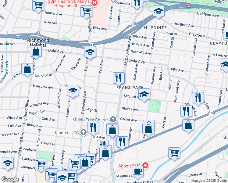 map of restaurants, bars, coffee shops, grocery stores, and more near 7029 Mitchell Avenue in St. Louis
