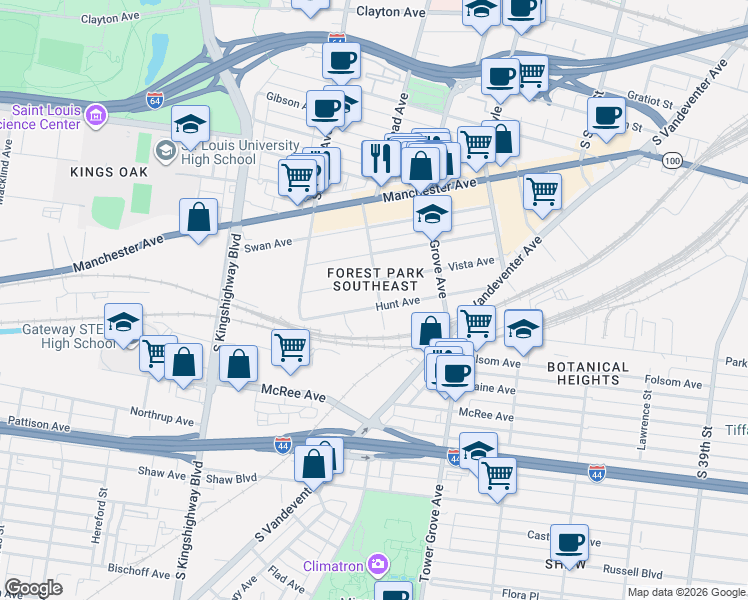 map of restaurants, bars, coffee shops, grocery stores, and more near in St. Louis