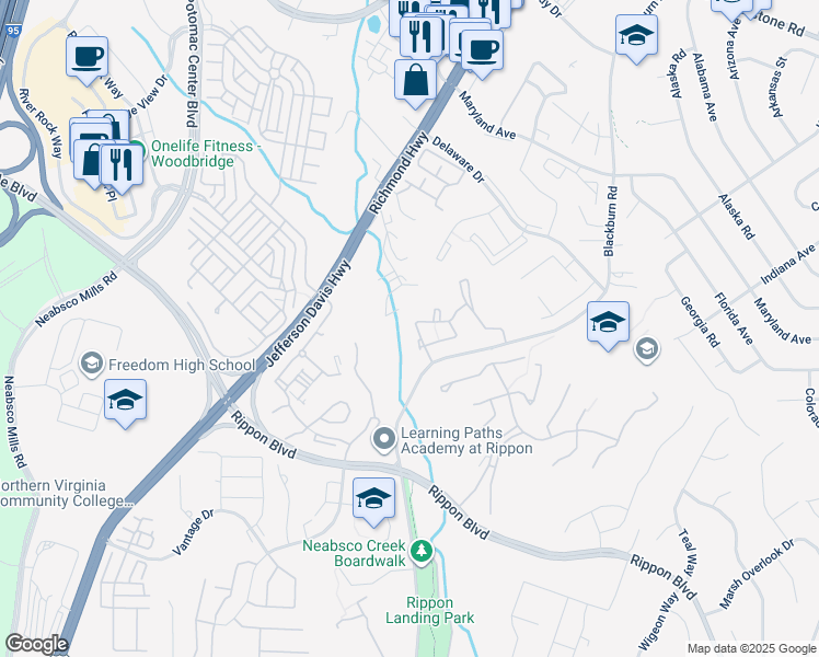 map of restaurants, bars, coffee shops, grocery stores, and more near 15218 Wentwood Lane in Woodbridge