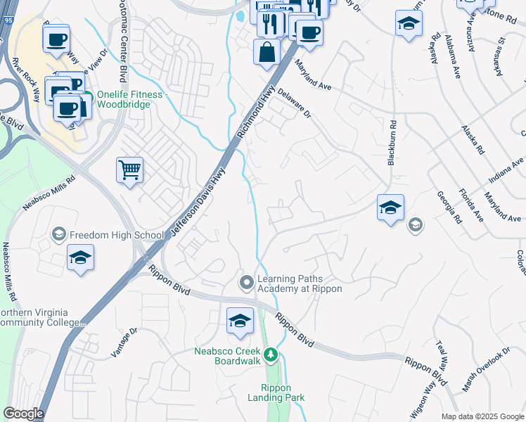 map of restaurants, bars, coffee shops, grocery stores, and more near 15218 Wentwood Lane in Woodbridge