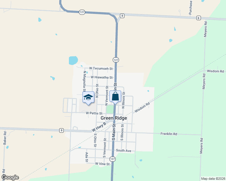 map of restaurants, bars, coffee shops, grocery stores, and more near 301-399 North Main Street in Green Ridge
