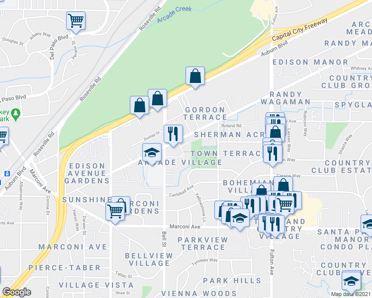 map of restaurants, bars, coffee shops, grocery stores, and more near 2350 Church Avenue in Sacramento
