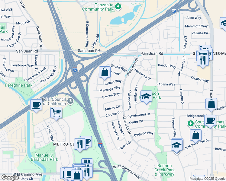 map of restaurants, bars, coffee shops, grocery stores, and more near 2170 Maricopa Way in Sacramento