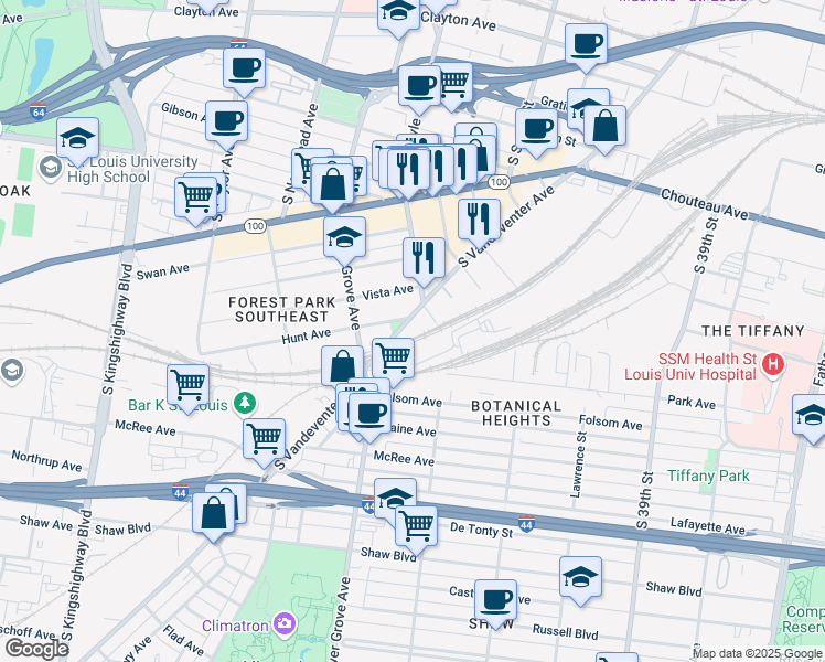 map of restaurants, bars, coffee shops, grocery stores, and more near in St. Louis