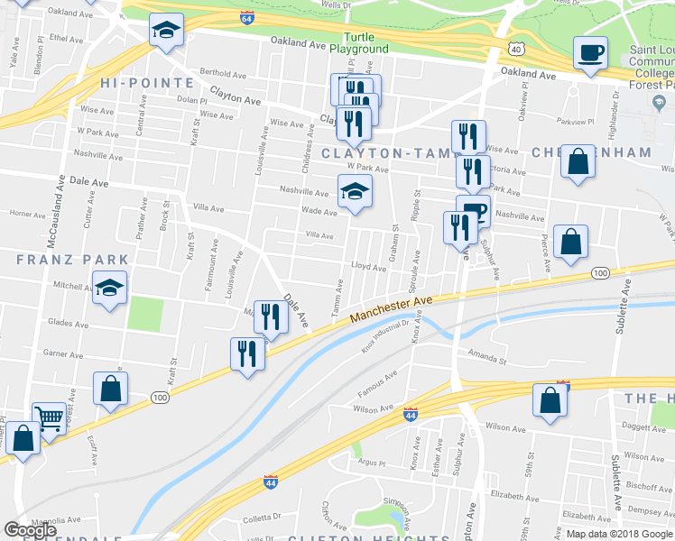 map of restaurants, bars, coffee shops, grocery stores, and more near 6400 Lloyd Ave in St Louis