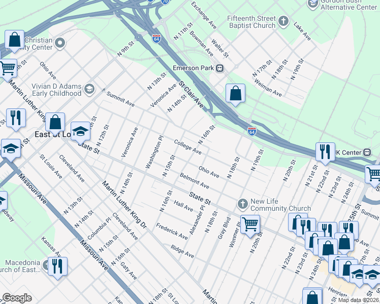 map of restaurants, bars, coffee shops, grocery stores, and more near 1520 College Avenue in East St. Louis
