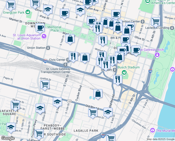 map of restaurants, bars, coffee shops, grocery stores, and more near 418 South Tucker Boulevard in St. Louis