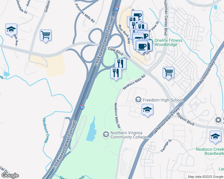 map of restaurants, bars, coffee shops, grocery stores, and more near 2720 Neabsco Common Place in Woodbridge