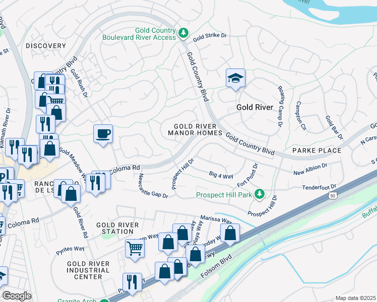 map of restaurants, bars, coffee shops, grocery stores, and more near 11456 Coloma Road in Gold River