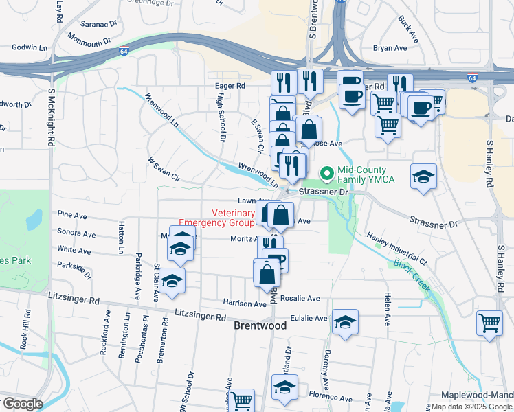 map of restaurants, bars, coffee shops, grocery stores, and more near 8824 Lawn Avenue in Brentwood