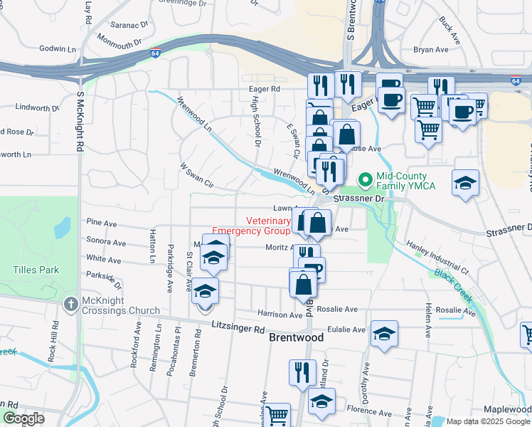 map of restaurants, bars, coffee shops, grocery stores, and more near 8918 Lawn Avenue in Brentwood