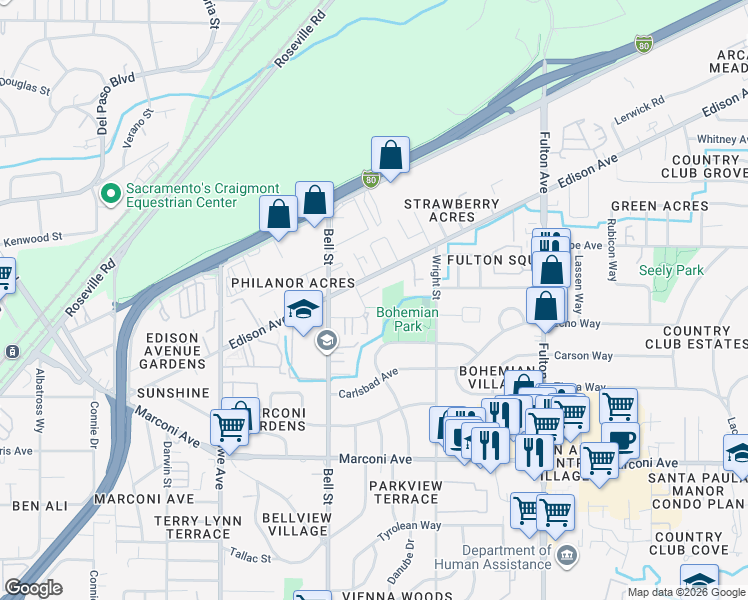 map of restaurants, bars, coffee shops, grocery stores, and more near 2350 Church Avenue in Sacramento