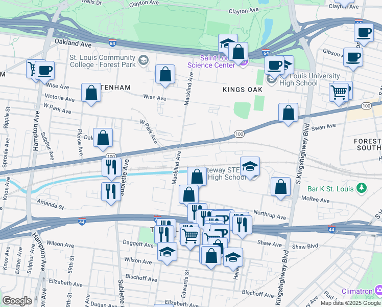 map of restaurants, bars, coffee shops, grocery stores, and more near 5301-5399 Aero Dr in St Louis