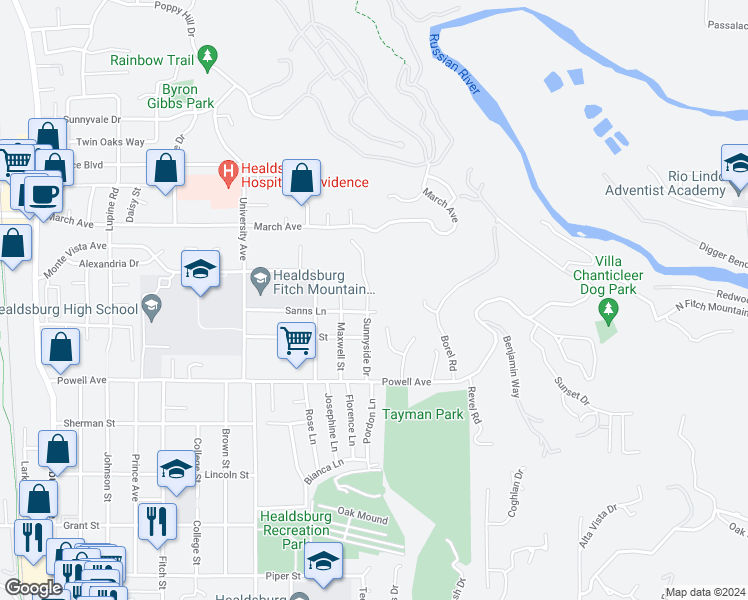 map of restaurants, bars, coffee shops, grocery stores, and more near 1040 Sunnyside Drive in Healdsburg