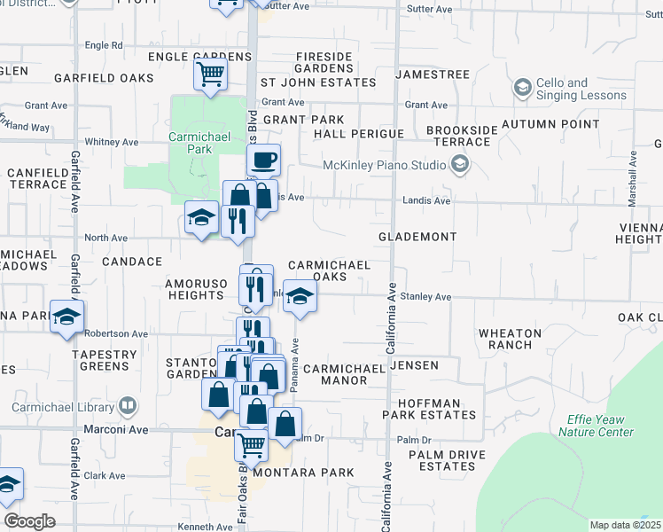 map of restaurants, bars, coffee shops, grocery stores, and more near 6050 Leafwood Drive in Carmichael