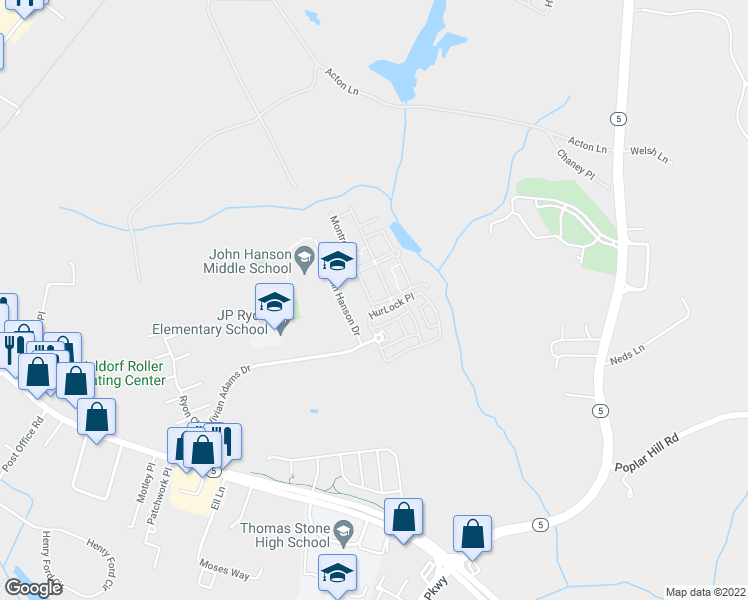 map of restaurants, bars, coffee shops, grocery stores, and more near 12292 Broadstone Place in Waldorf